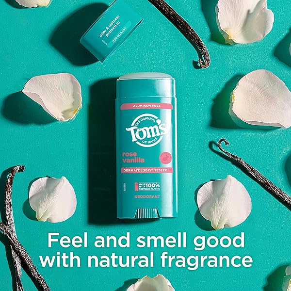 TOM’S OF MAINE ROSE VANILLA ALUMINUM FREE NATURAL DEODORANT FOR WOMEN & MEN | GOES ON CLEAR | ODOR & WETNESS PROTECTION | NATURALLY DERIVED AND MOISTURE-LOCKING INGREDIENTS | 3.25 OZ