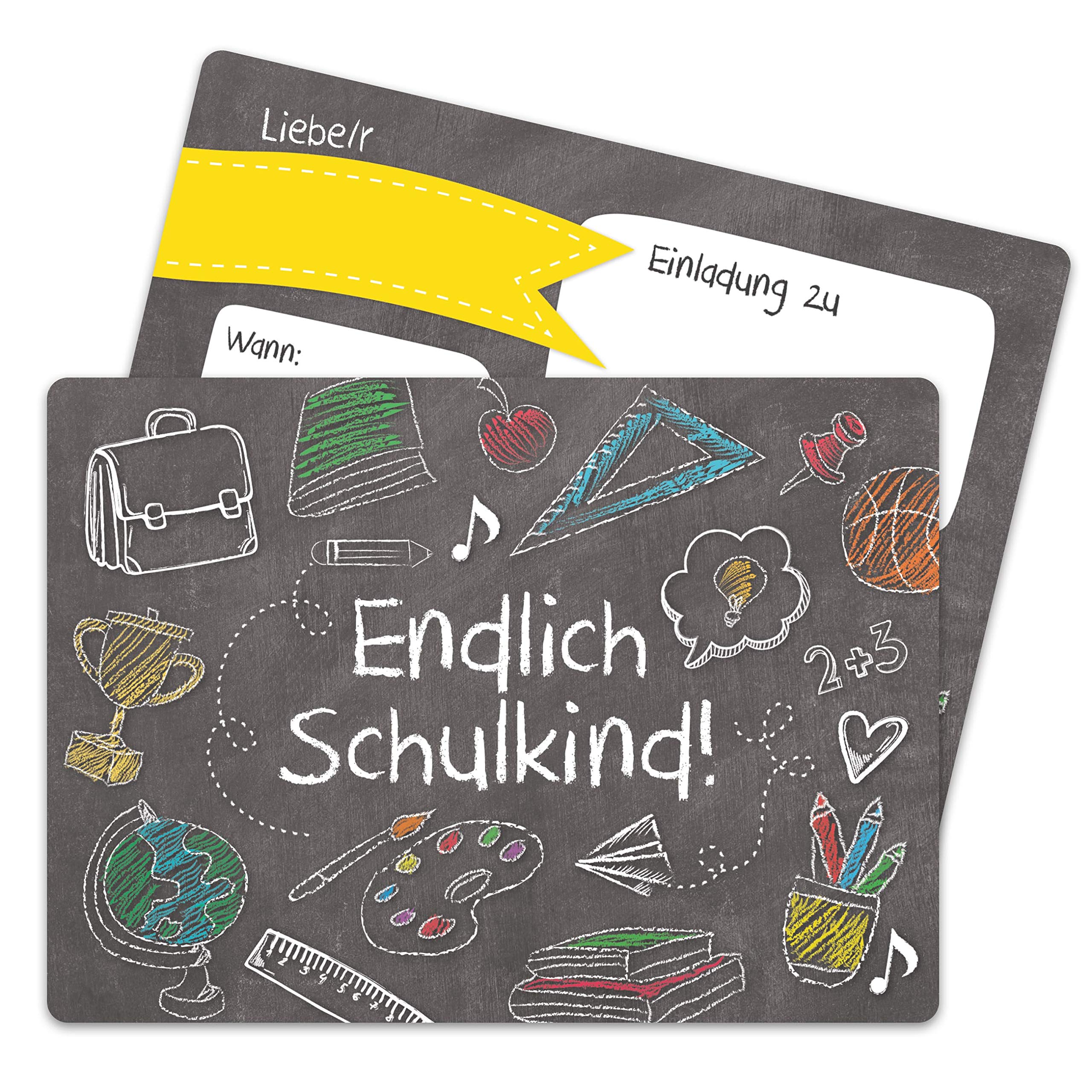 Papierdrachen 13 Invitation Cards for First Day of School – Invitation with Blackboard Motif for the Beginning of School – First Class – I Will Be School Child