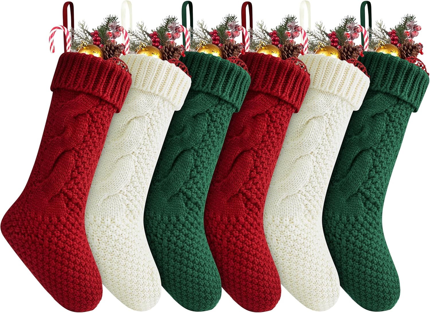 Stockings & Holders - Fesciory Christmas Stockings 6 Pack, 18 Inches Large Size Twist Knitted Stockings Gifts for Xmas Family Holiday Party Decorations, Burgundy&Ivory White&Green