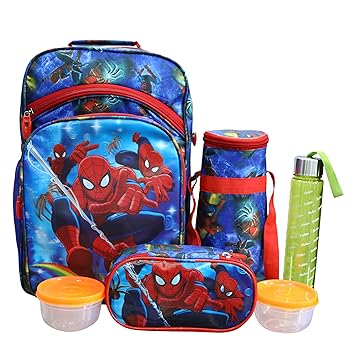 Happile Boys Fabric School Bag Combo Set with Tiffin Boxes and Water Bottle (Red)