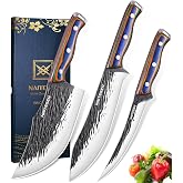 Naitesen 3PCS Hand Forged Butcher Knife Set - Gold-Stamped Gift Box | 15&deg; Razor Sharp 6.5" Serbian Chef Knife, 8.5" Meat Slicer &amp; 6.5" Boning Knife for Meat Cutting Kitchen Cooking BBQ