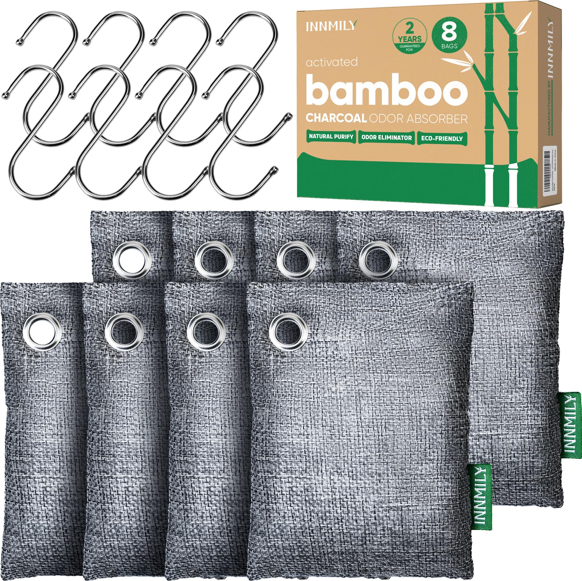 Activated Charcoal Odor Absorber, 8 Pack w Hooks Nature Odor Eliminator for Strong Odor, Bamboo Charcoal Air Purifying Bags, Moisture Absorbers for Fresh Home Car Closet Pet, Smoke Smell Deodorizer