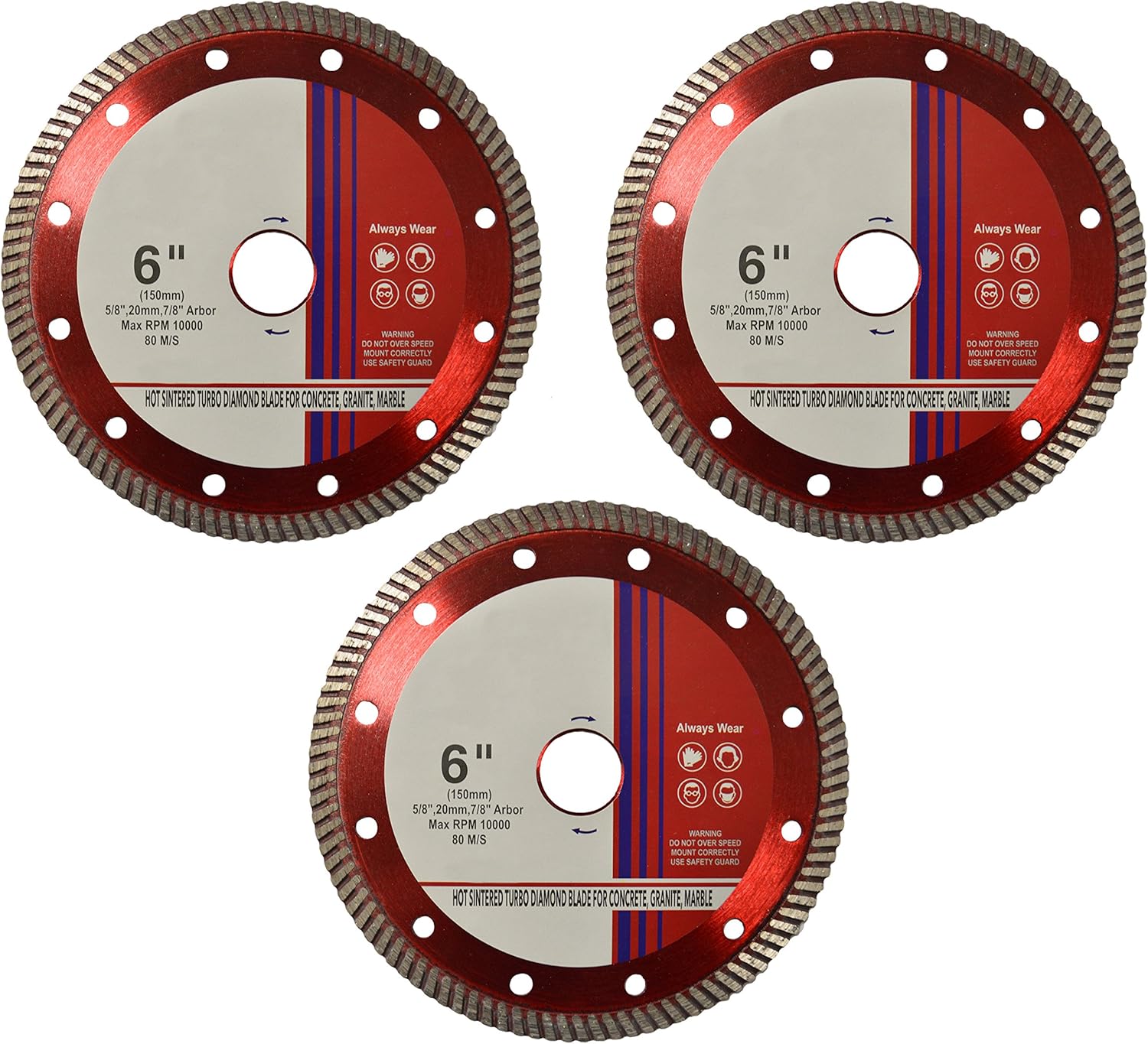 3Pack 6" Hot Pressed Diamond Saw Blade 10, 000 RPM (5/8" Arbor with 7/