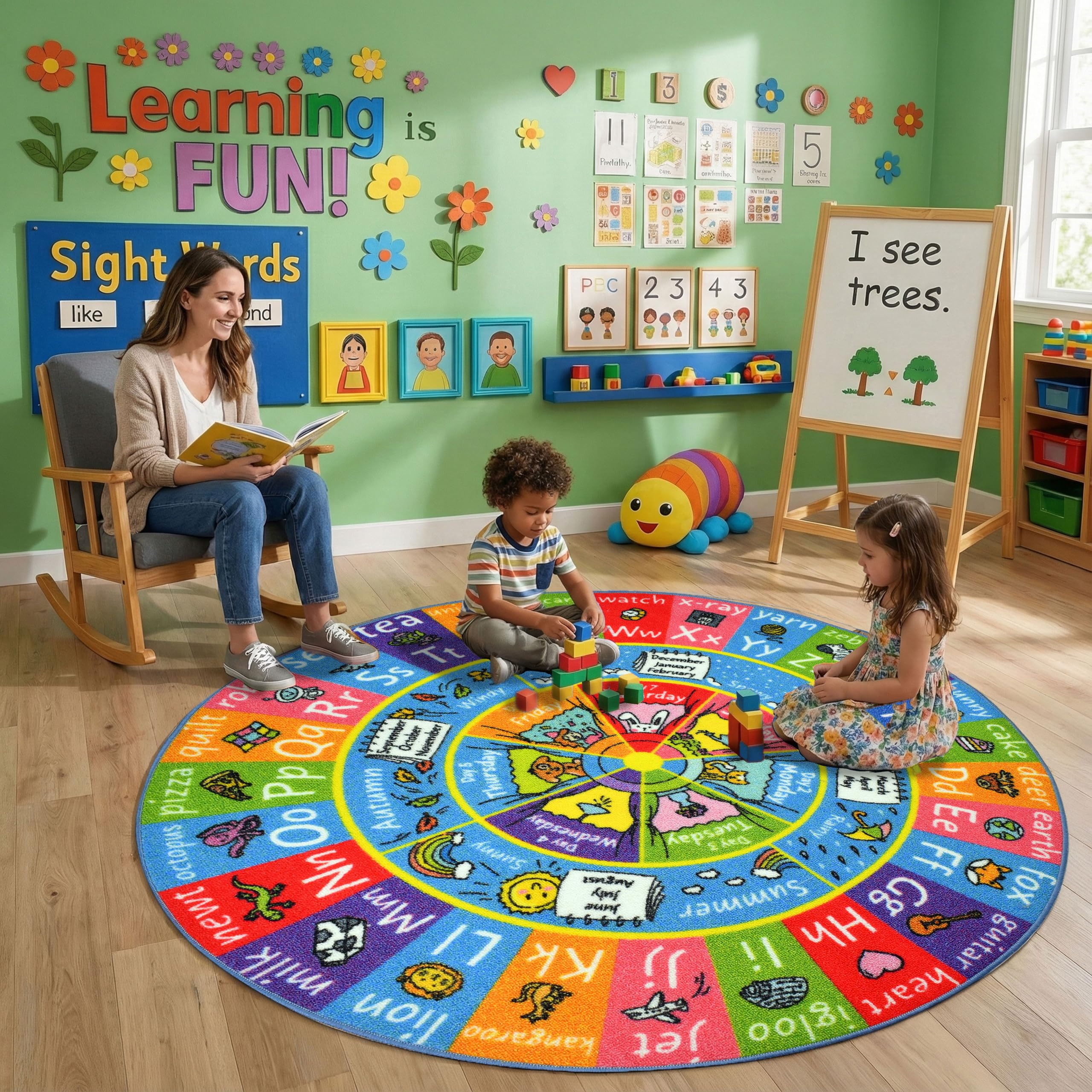 KC Cubs Educational Kids Rug – ABC Alphabet, Seasons, Months & Days Learning Mat – Soft Interactive Carpet for Classroom, Playroom & Bedroom 3x3 Round Image