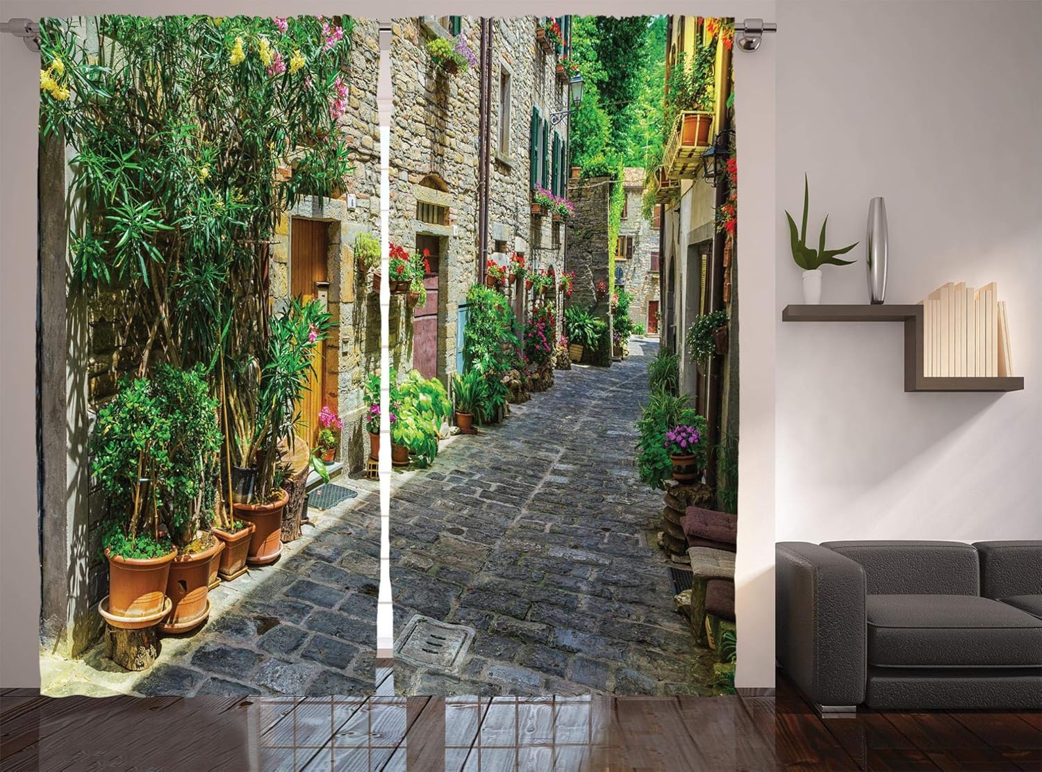 Ambesonne Tuscan Curtains, Doorway to Tuscan House Build with Cobblestone with Many Flowering Plants, Living Room Bedroom Window Drapes 2 Panel Set, 108" X 84", Green Beige Grey