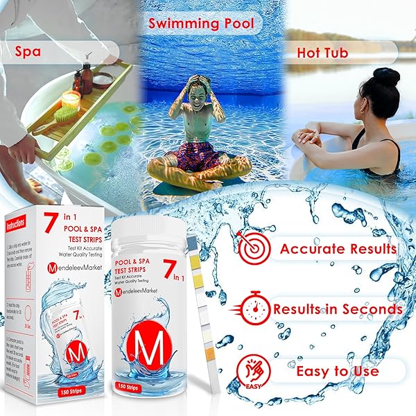 7 IN 1 POOL AND SPA TEST STRIPS, 150 TEST STRIPS, POOL TEST STRIPS, SWIMMING POOL TEST STRIPS, POOL STRIP TEST KIT, POOL TEST STRIPS FOR POOL WATER, HOT TUB AND SPA TEST STRIPS