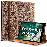 Gexmil Case for iPad Pro 12.9 Inch,2nd/1st Generation(2017/2015) Genuine Leather Cover Anti Fingerprint/Slip,Cowhide Folio Cover Auto Sleep/Wake with Adjustable Stand,Flower Brown