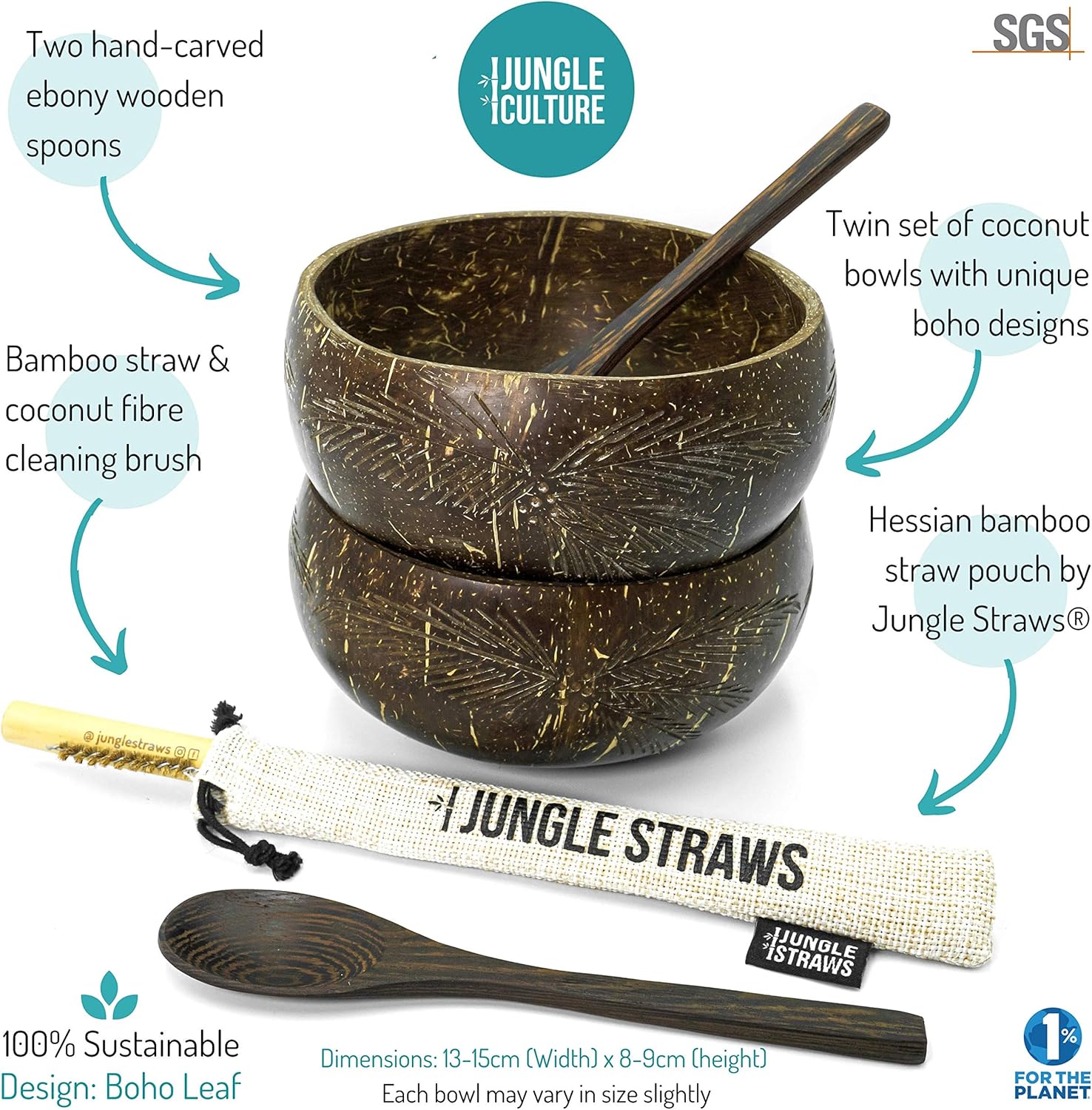 Jungle Culture® Set of 2 Coconut Bowls & Spoons • Organic Wooden Bowls Polished with Coconut Oil - Image 3