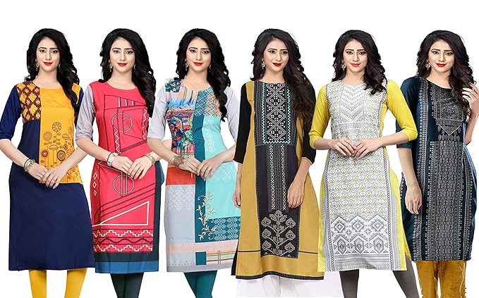 Women's Crepe Stitched Kurti Combo Pack of 6 (Multi-Coloured)