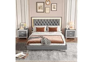 Flieks 3-Pieces Bedroom Sets,Queen Size Upholstered Platform Bed with LED Lights and Two Nightstands-Gray