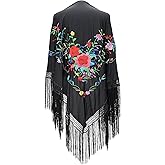 La Senorita Spanish Flamenco Dance Shawl Black with various colored flowers Fringes black size L