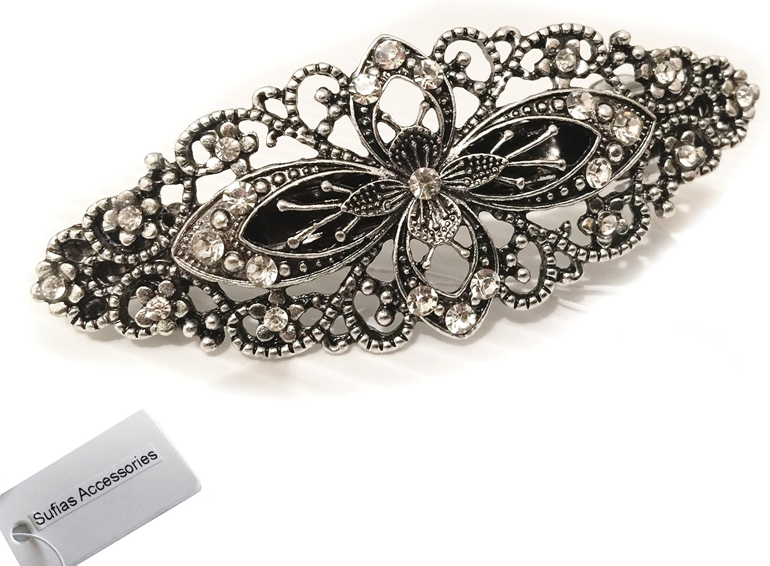 Large Antique Filigree Silver Flower Crystal Barrette Bridal Hair Clip Diamante, White, 9cm, White,Silver - Image 4