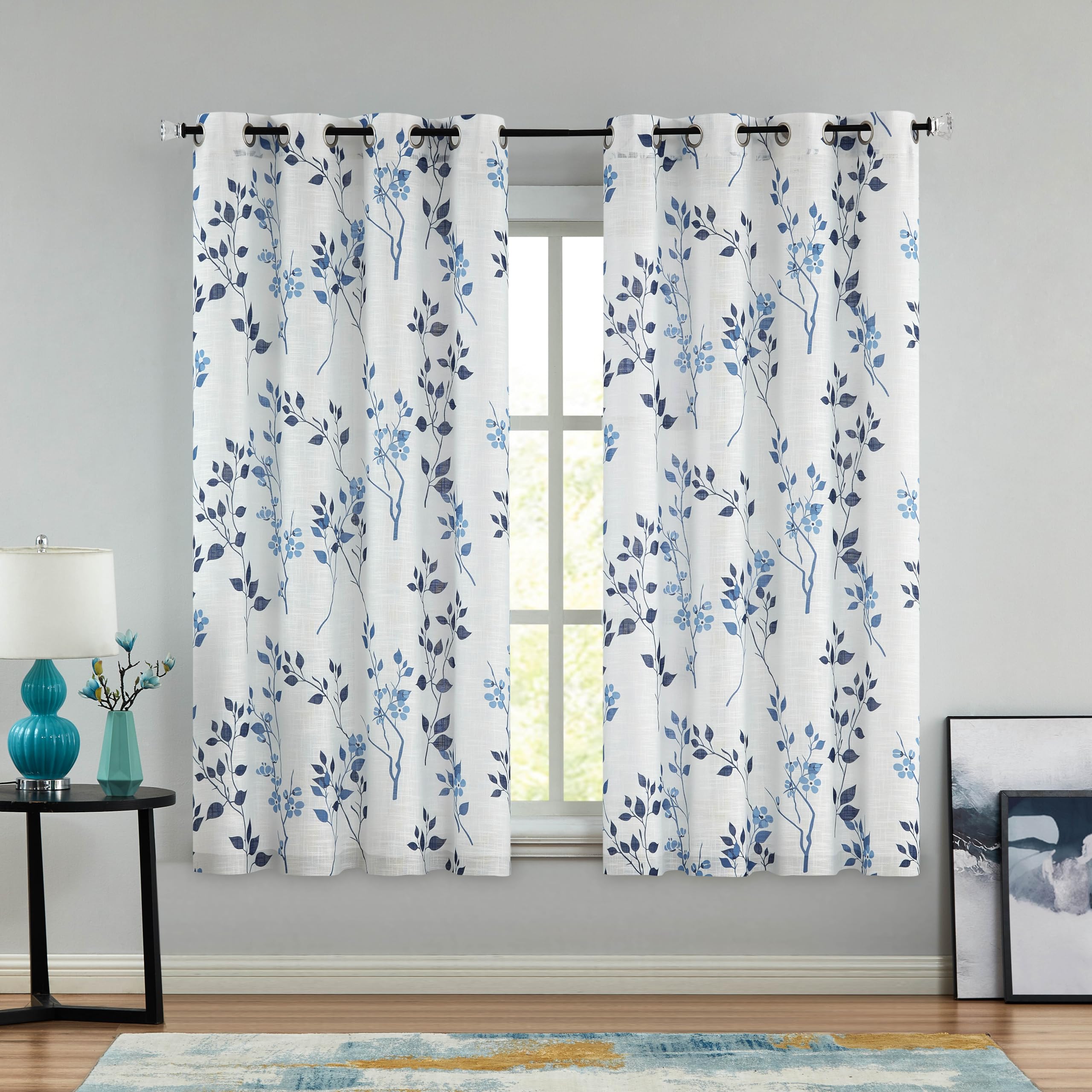Beauoop Navy Blue Semi Sheer Floral Curtains for Living Room Bedroom 54 Inch Drop Linen Textured Farmhouse Curtains Leaf Printed Eyelet Rustic Drapes Window Treatment Set 2 Panels