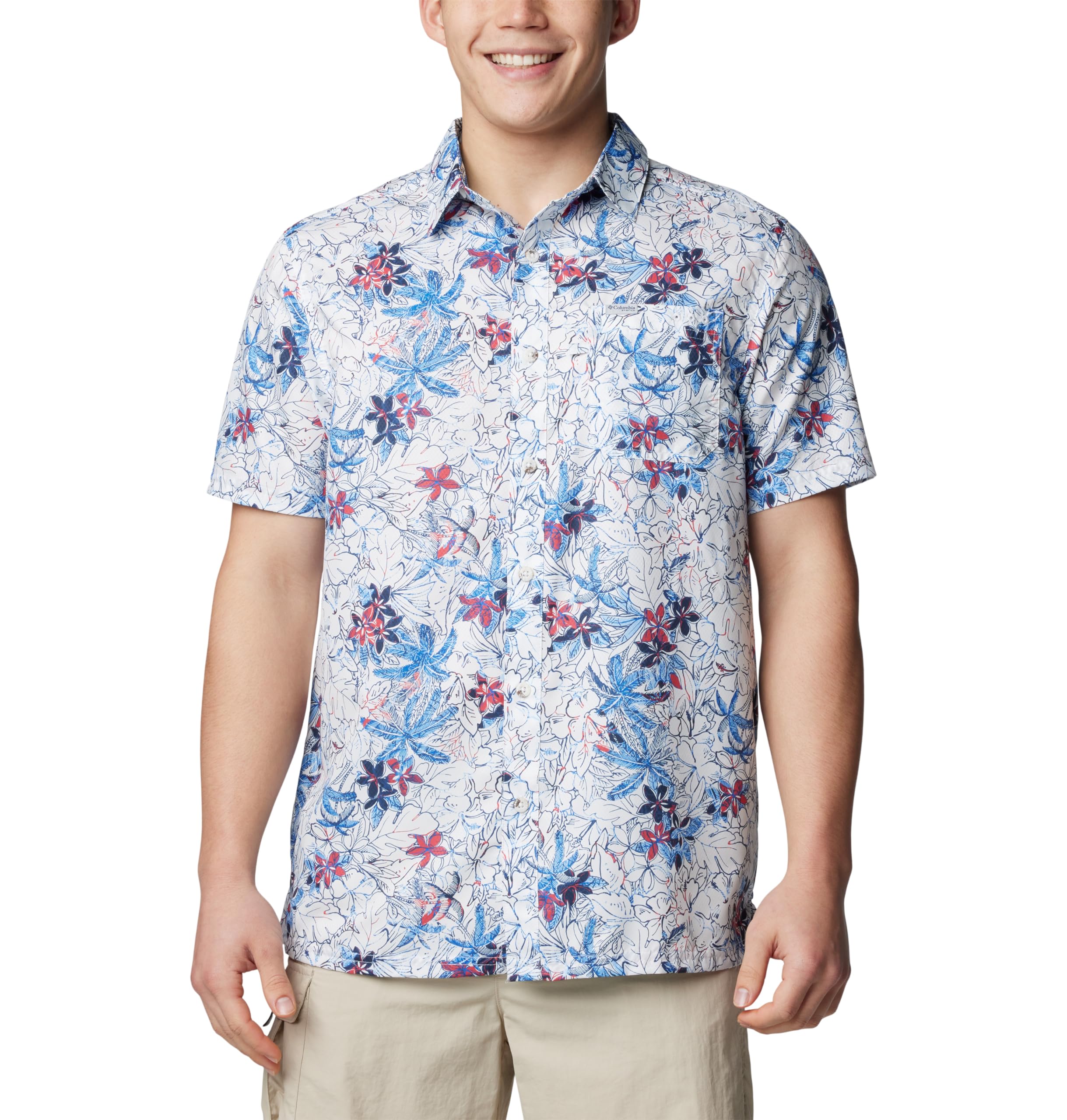 Columbia Men’s Super Slack Tide Camp Shirt, White Palmeria, X-Large