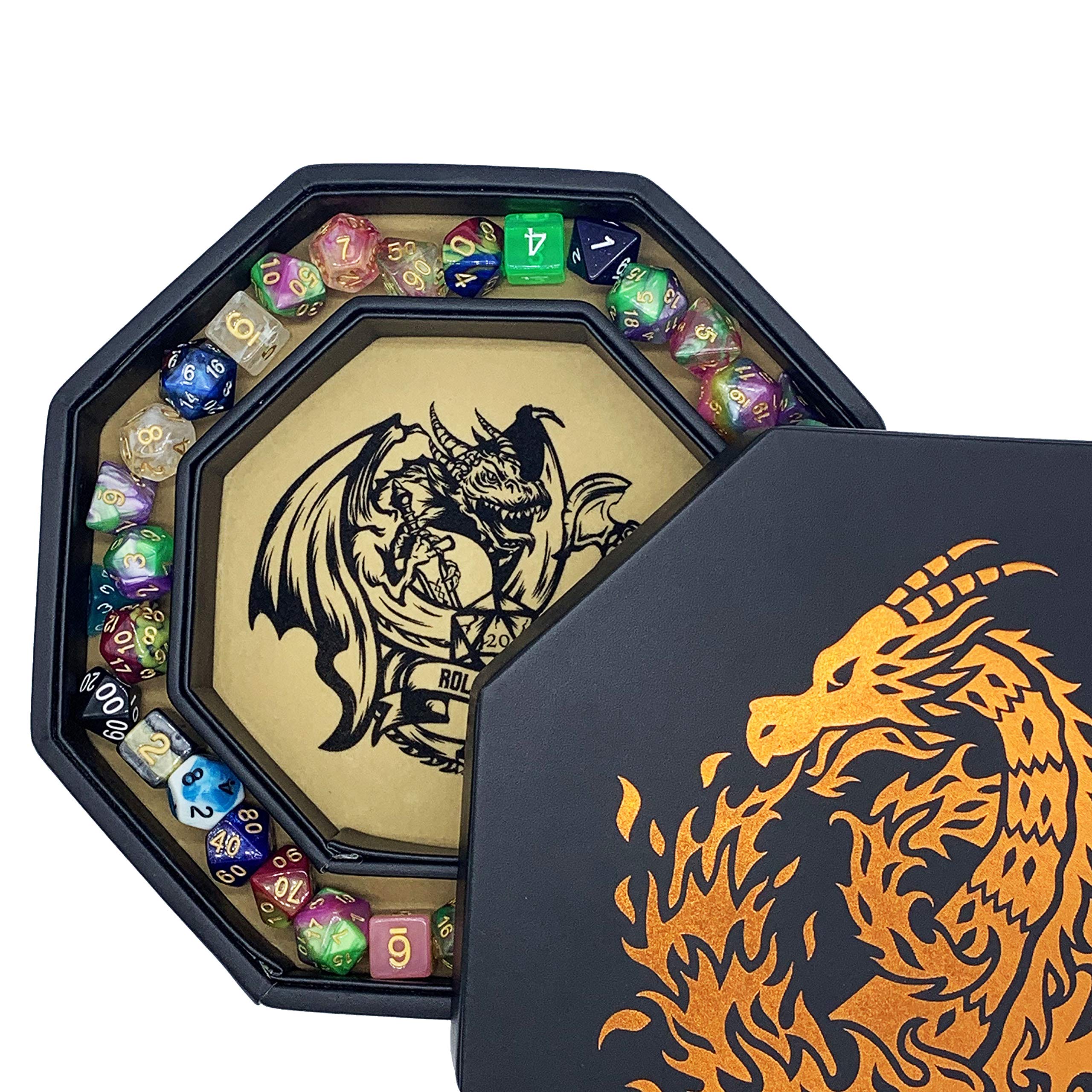 Fantasydice- Fire Dragon - Dice Tray - 20CM Octagon with Lid and Dice Staging Area- Holds 5 Sets of Dice(7 / Standard) For All Tabletop RPGs Like D&D, Call of Cthulhu, Shadowrun. (Chromatic)