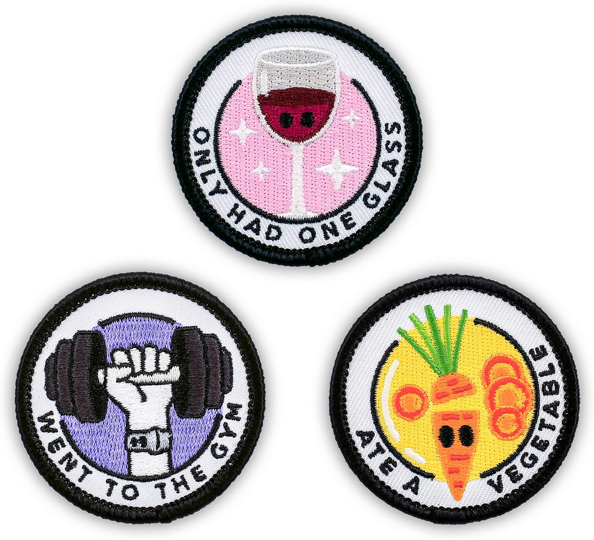 Winks For DaysAdulting Merit Badge Embroidered Iron-On Patches (Health - Set 1) - Includes Three (3) 2" Patches: Went to The Gym, Only Had One Glass, and Ate a Vegetable