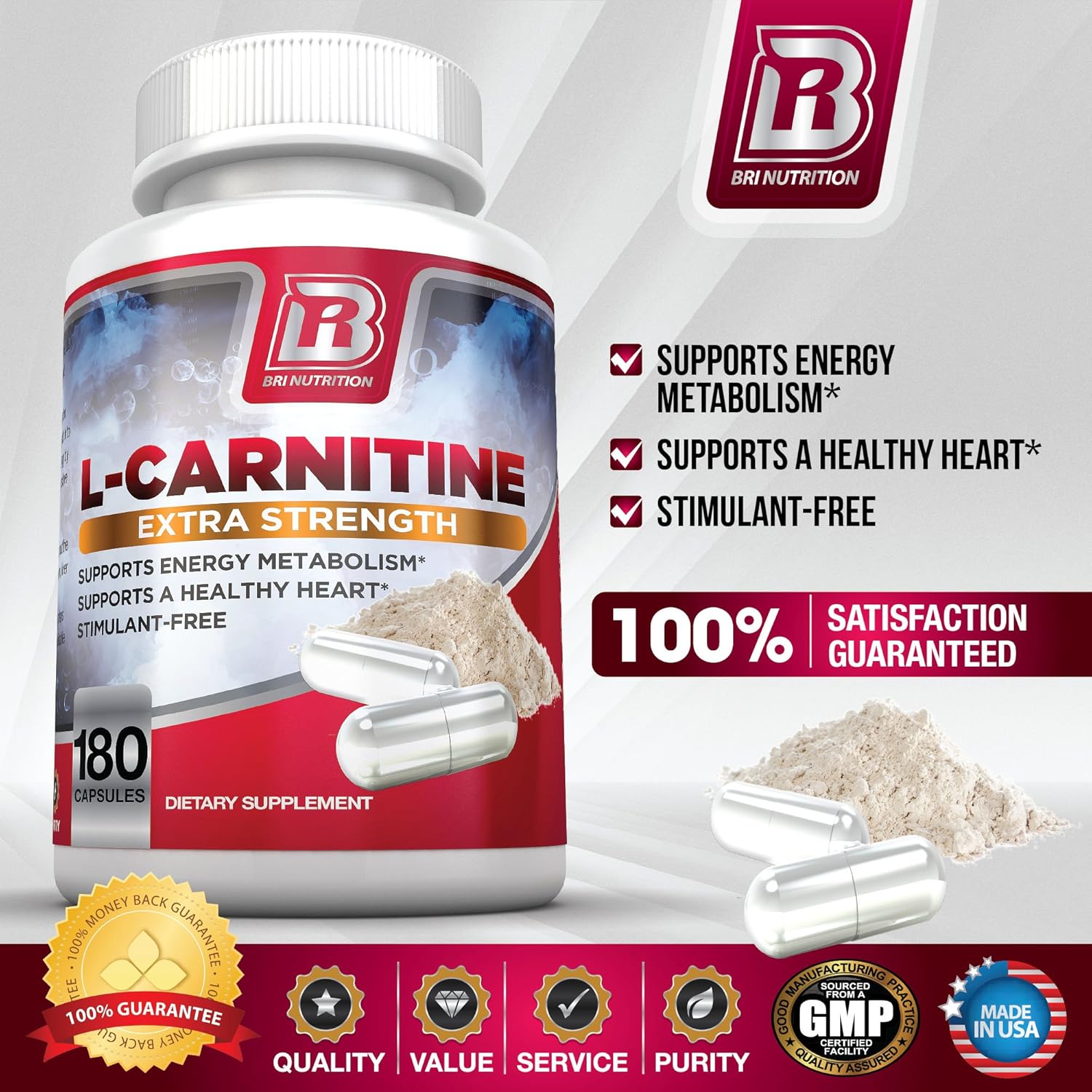 BRI L-Carnitine - 1000mg Premium Quality Carnitine Amino Acid Supports Athletic Performance, Stamina and Heart Health; Stimulant Free Vegetable Cellulose Capsules (180 Count): Health & Personal Care