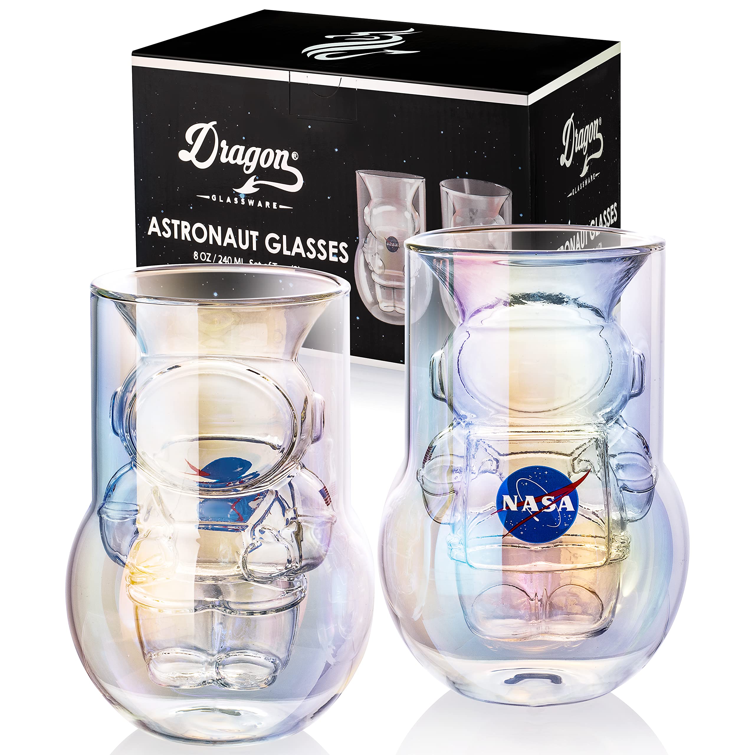 NASA Astronaut Glasses - 7 oz Set of 2 Double Wall Iridescent Drinkware with NASA symbol and Artemis Patch - Unique Glassware for Space Enthusiasts - Keeps Drinks Cold Longer
