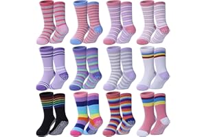 DOSKONI Toddlers Girls Non Slip Socks Baby Kids Grip Socks Crew Cotton Socks with Grippers 12 Pairs