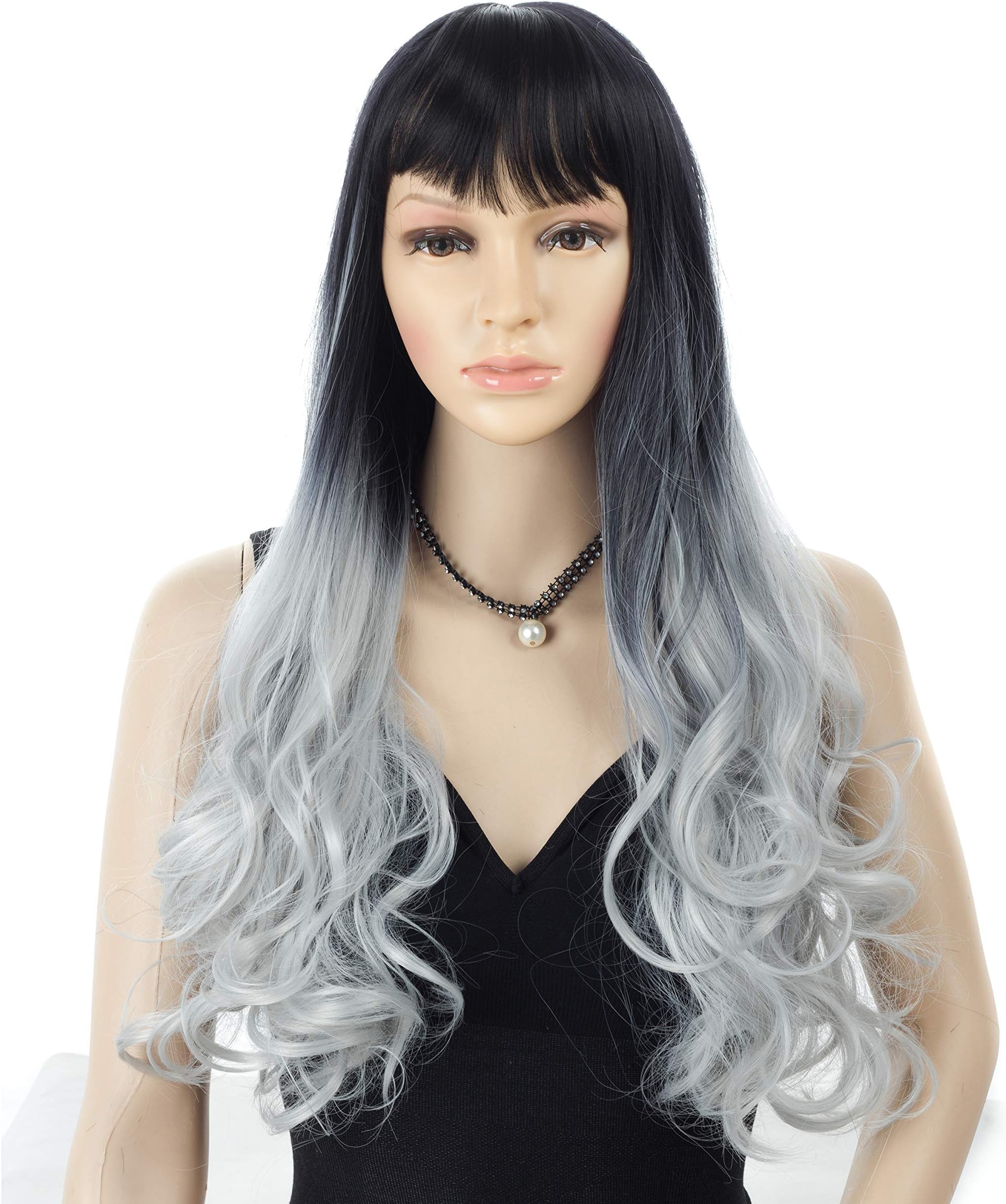 HRCleverLong Curly Wavy Wigs With Flat Bangs, Ombre Dark Roots To Gray Natural Hair Looking Middle Part Hair Replacement Wigs, Daily Party Cosplay Costume Wigs(1b/Gray)