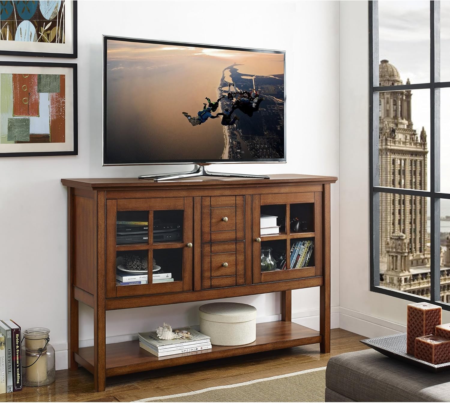 53" Modern Extra Tall TV Stand in Rustic Brown Finish