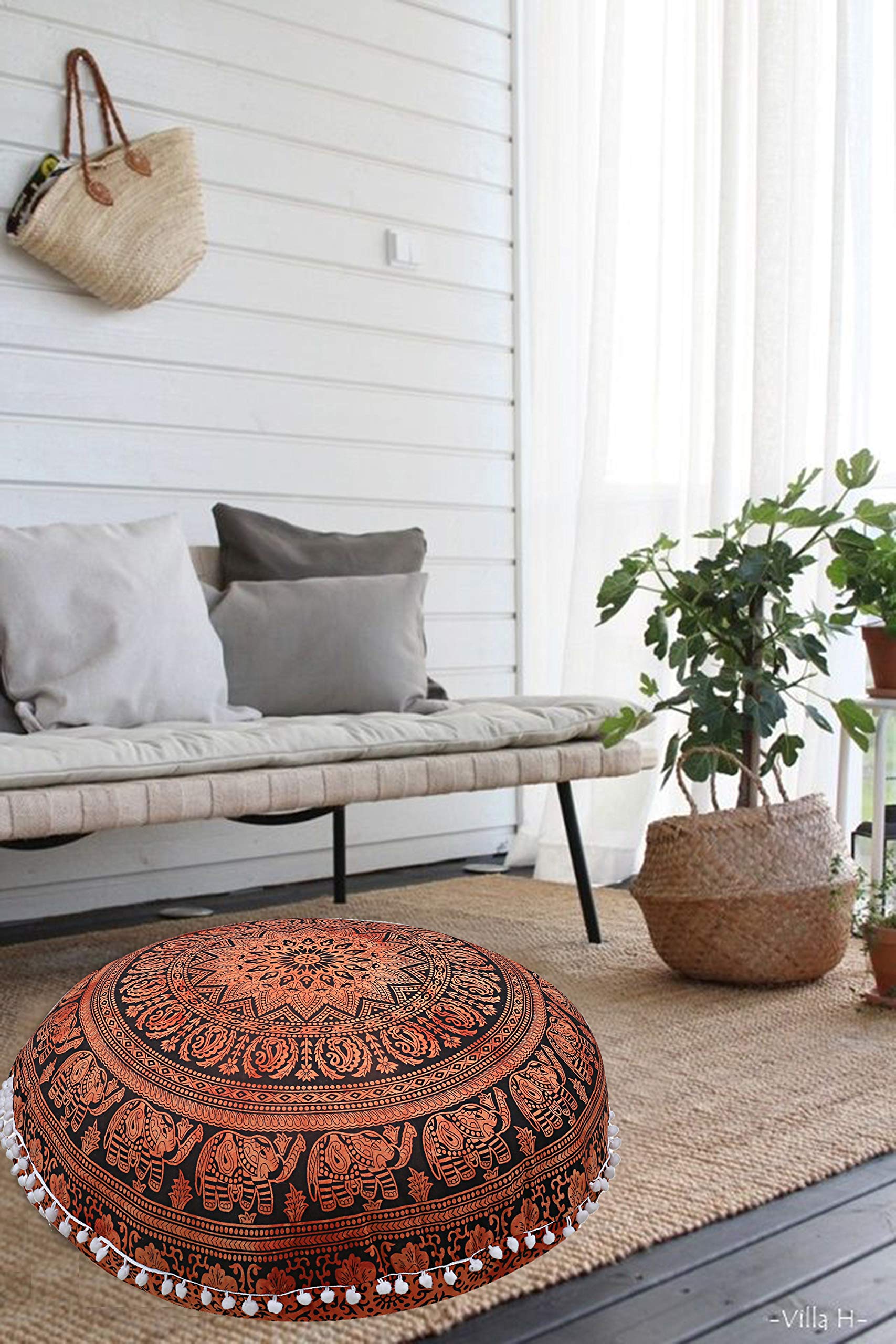 Radhykrishnafashions Indian 32" Large Hippie Mandala Floor Pillow Cover Cushion Cover Round Bohemian Yoga Decor Floor Cushion Case (Orange Elephant)