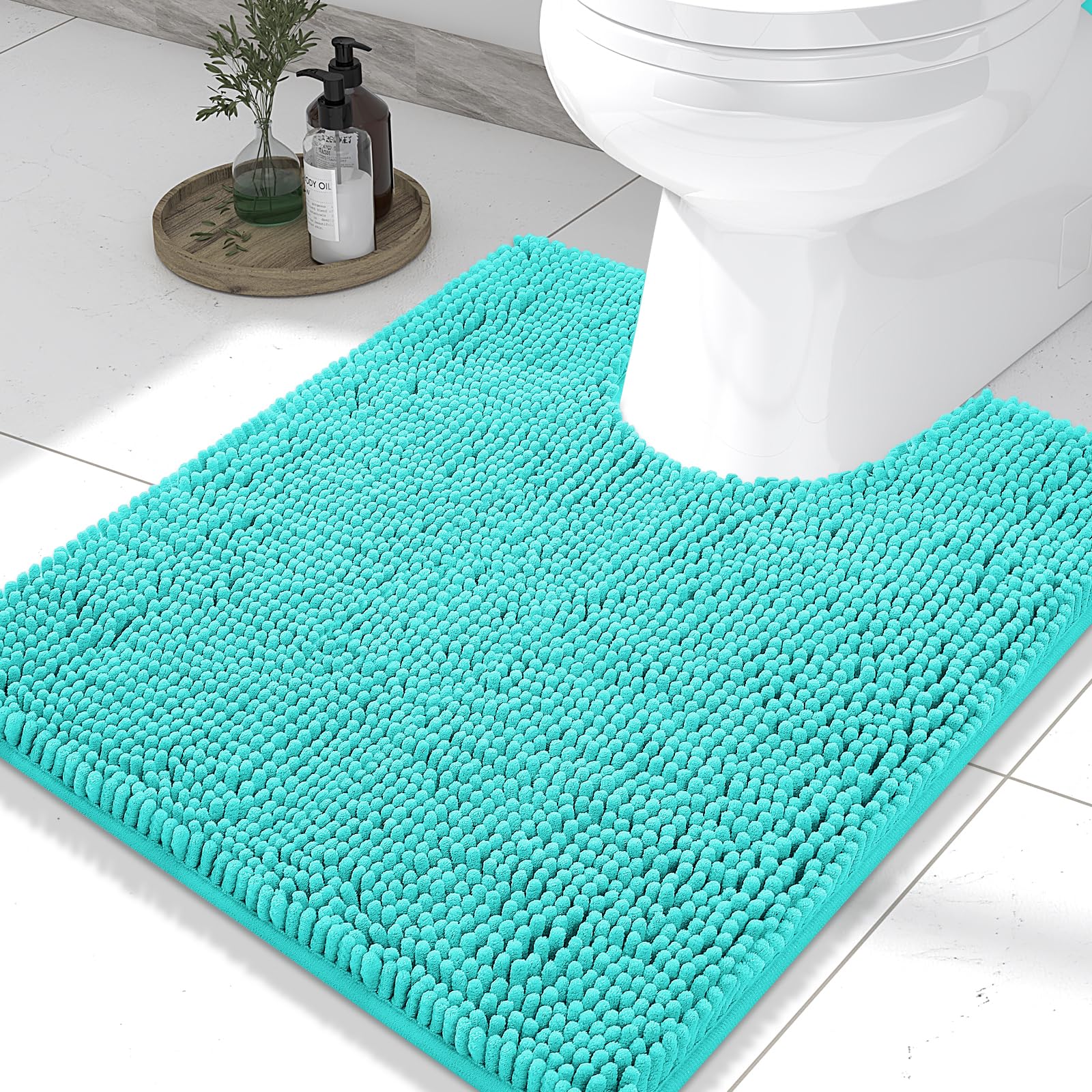 Smiry Luxury Chenille Toilet Rugs U-Shaped 24x20, Soft Absorbent Non-Slip Contour Bathroom Rugs for Toilet, Machine Washable Contoured Bath Mats, Turquoise