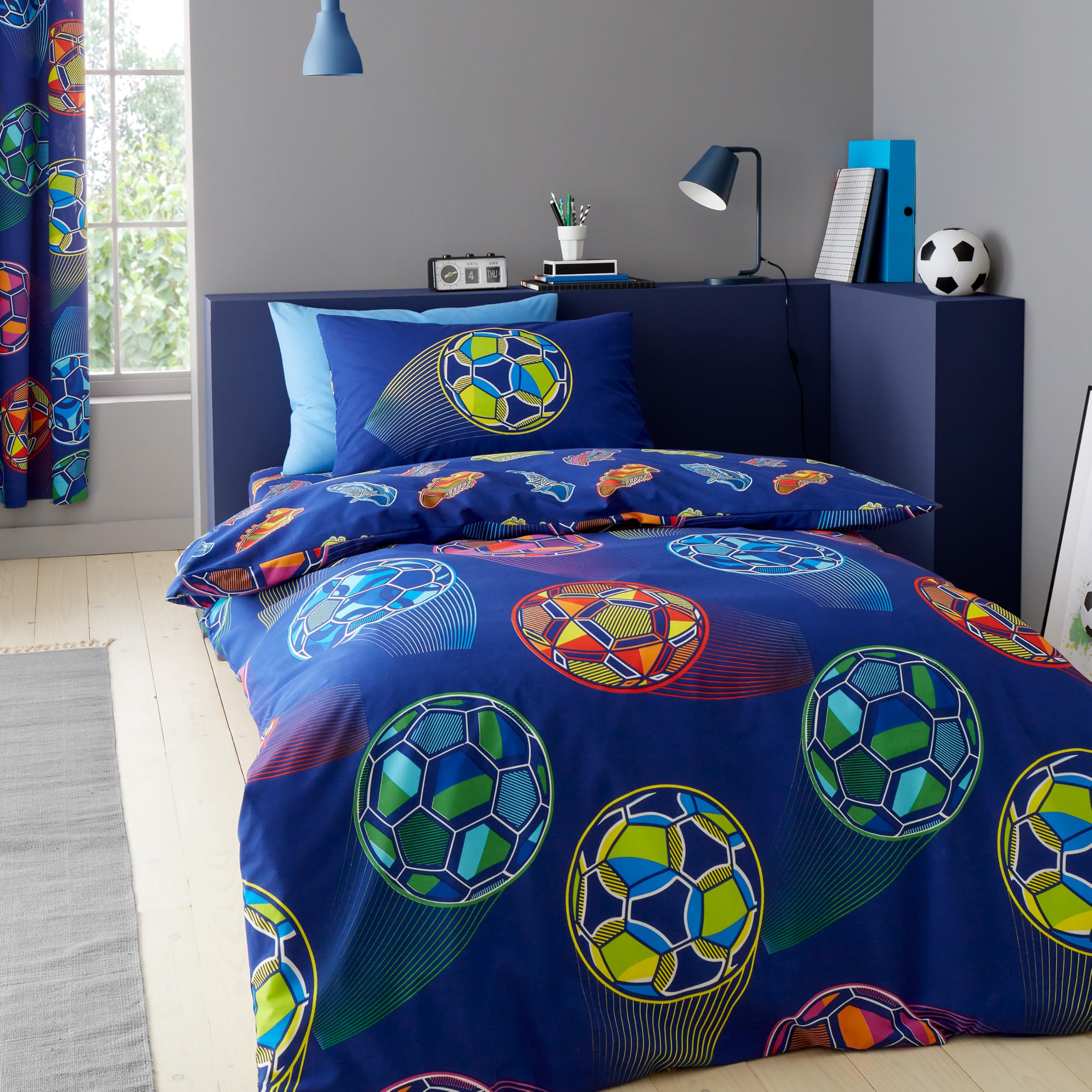 Catherine Lansfield Bright Football Reversible Double Duvet Cover Set with Pillowcases Navy
