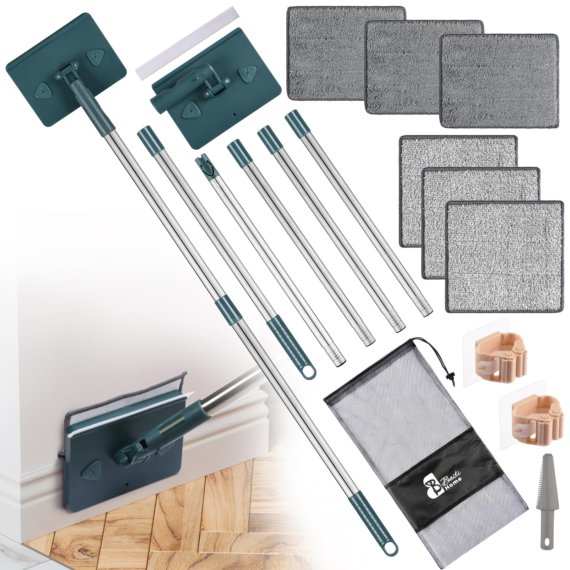 Photo 1 of BAITIHOME Wall Mop Cleaner Tool with Handles 93 Inches, Baseboard Cleaning Tool for Walls and Floor 360° Rotating Ceiling Cleaner with Extension Poles Microfiber Chenille Pads (Rectangular)