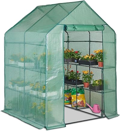 VonHaus Walk In Greenhouse with 8 Shelves Roll Up Door 193x143x143cm