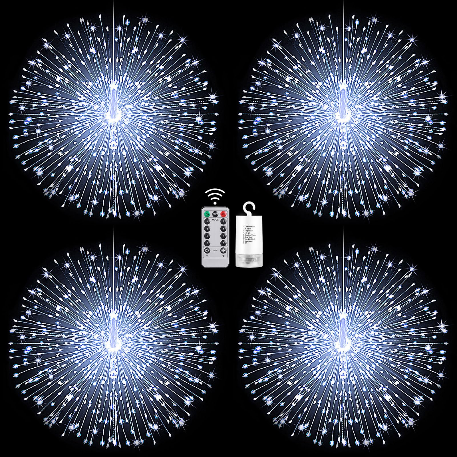 Photo 1 of Bursting Star String Lights Christmas Lights, 225 LED 8 Modes Dimmable with Remote Control, Waterproof Copper Wire Decorative Hanging Star Lights for Party Patio Garden Decoration (White, 4PC)