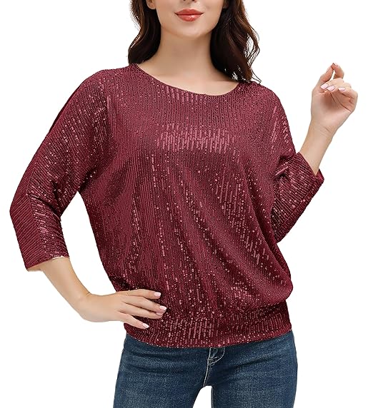 Buy Women's Sparkle Sequin Top Short Sleeve Shimmer Glitter Party Tunic Tops S Wine Red at Amazon.in