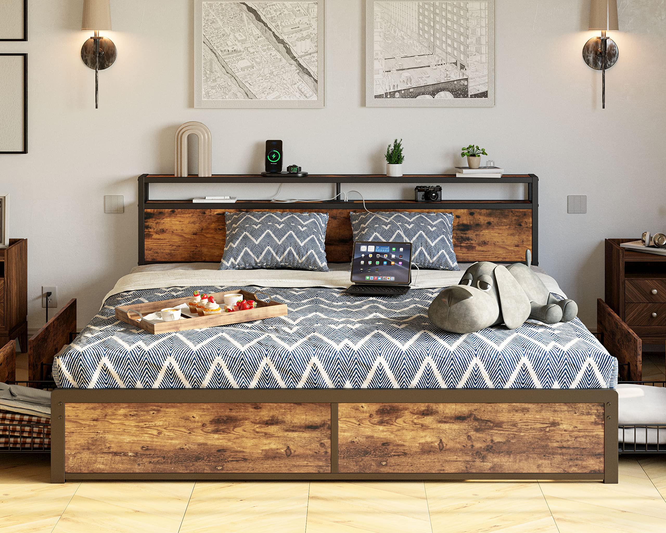LIKIMIO King Size Bed Frame with 4 Storage Drawers, 2-Tier Storage Headboard with Charging Station, Double Bed Frame King Size for Bedroom, No Box Spring Needed, Easy Assembly, Vintage Brown Image LIKIMIO King Size Bed Frame with 4 Storage Drawers, 2-Tier Storage Headboard with Charging Station, Double Bed Frame King Size for Bedroom, No Box Spring Needed, Easy Assembly, Vintage Brown Image