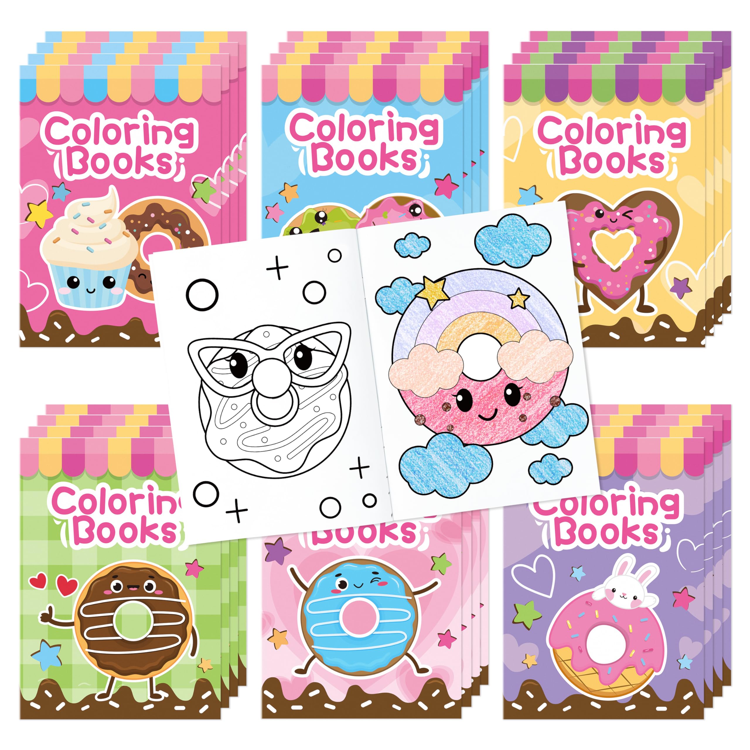 2OOYA 24Pcs Donuts Coloring Books for Kids Party Bulk, 6 Styles Cartoon Donuts DIY Color Pages Activity Books, Mini Pocket Painting Games for School Prizes Classroom Rewards Birthday Gift Bag Filler