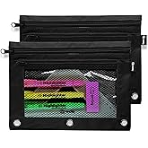 Enday 2 Pack Black Pencil Pouch for 3 Ring Binder, 2 Compartment Zippered Pencil Case, 9.5' x 7'