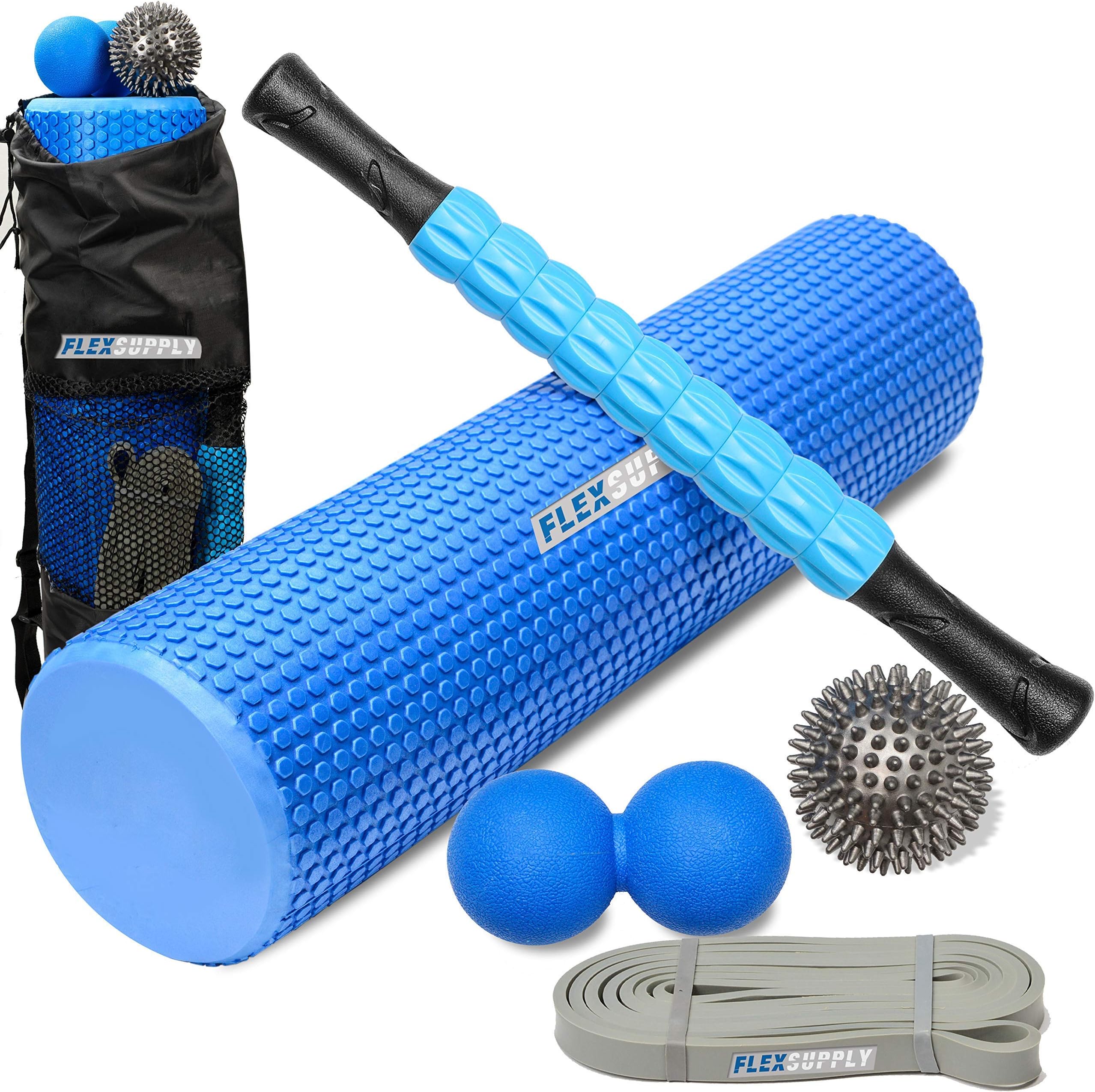 FlexSupply Roller Set, 24” Foam Roller, 17” Massage Roller, Spiky Massage Ball, Solid Ball and Durable Elastic Resistance Band