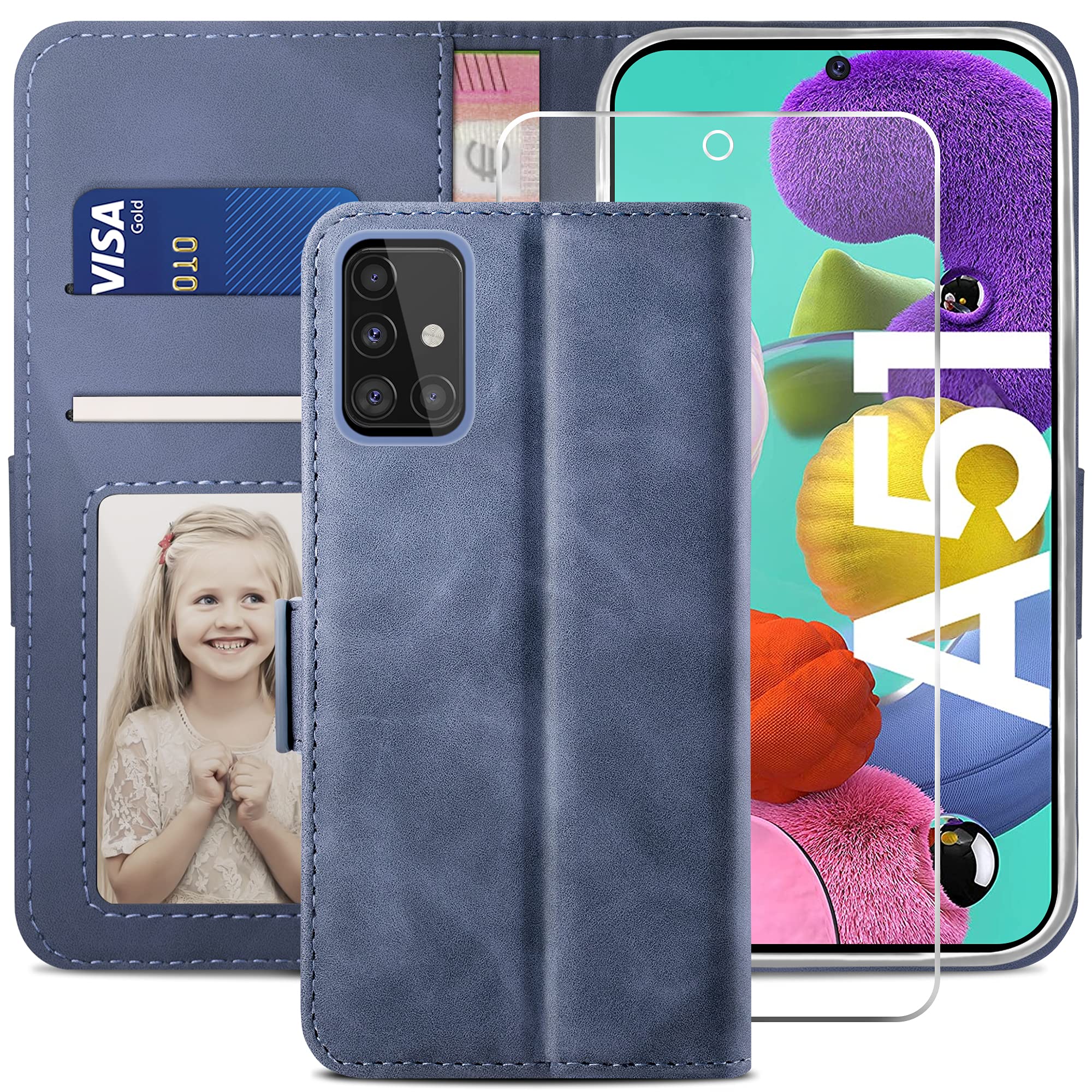 YATWIN Compatible with Samsung Galaxy A51 Case, Flip Wallet Leather Case with Tempered Glass Screen Protector and Card Slot Kickstand Phone Cases Cover for Samsung A51 - Light Blue