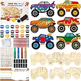 Bafeil Monster Truck Party Favors, 24 Pcs DIY Wooden Truck Painting Crafts Kit with Magnets, Car Birthday Party Supplies, Monster Trucks Party Decorations Goodie Bags Gifts Prizes Girls Boys