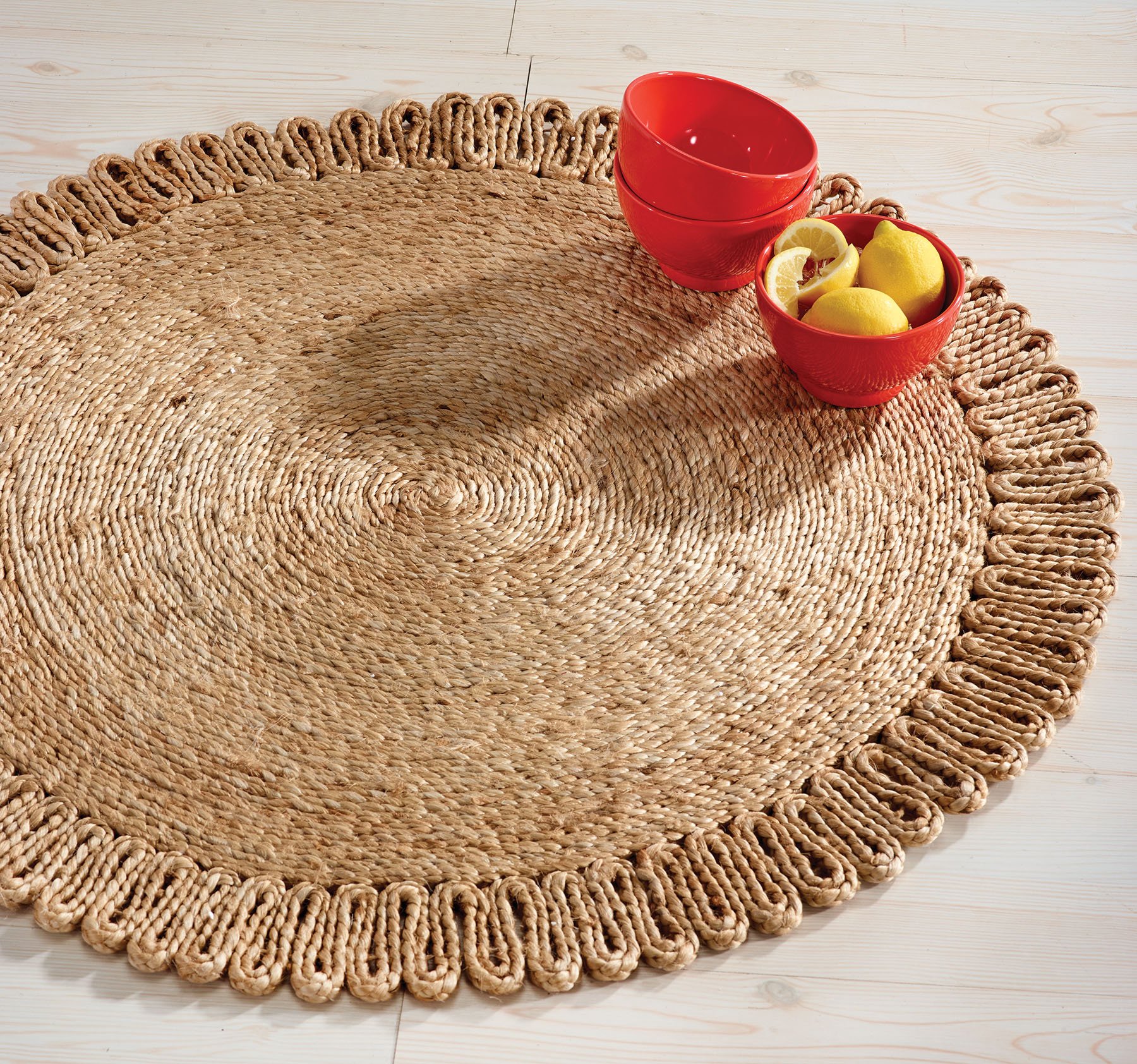 HF by LT Boho Market Chloe Crochet Round Jute Rug, 5', Durable and Sustainable Handwoven Jute, Reversible, Beige, 3 Styles Available