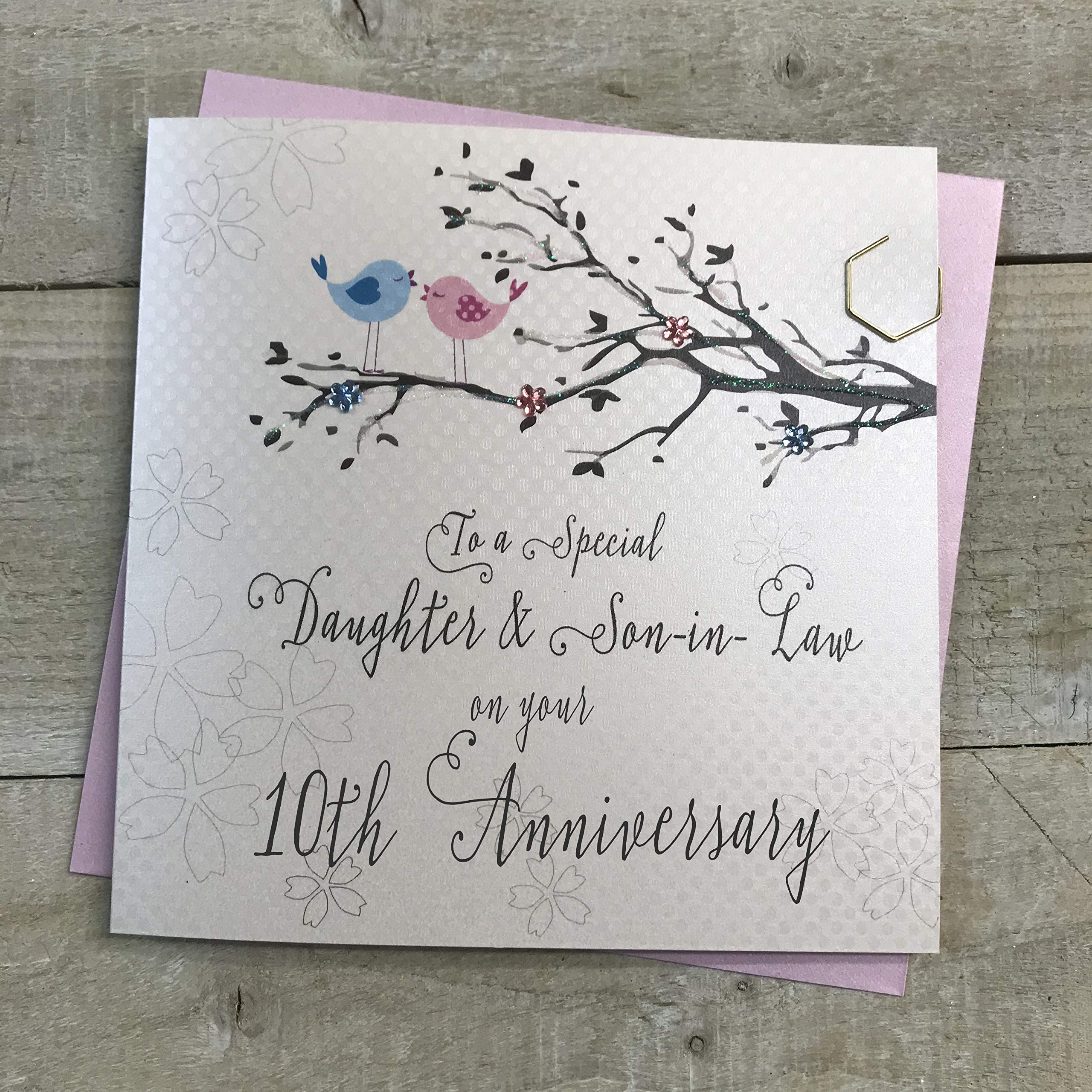 White Cotton Cards Daughter & Son-in-Law 10th Wedding Anniversary Card Tenth Tin Birds and Tree branch PD193-10,16cm x 16cm