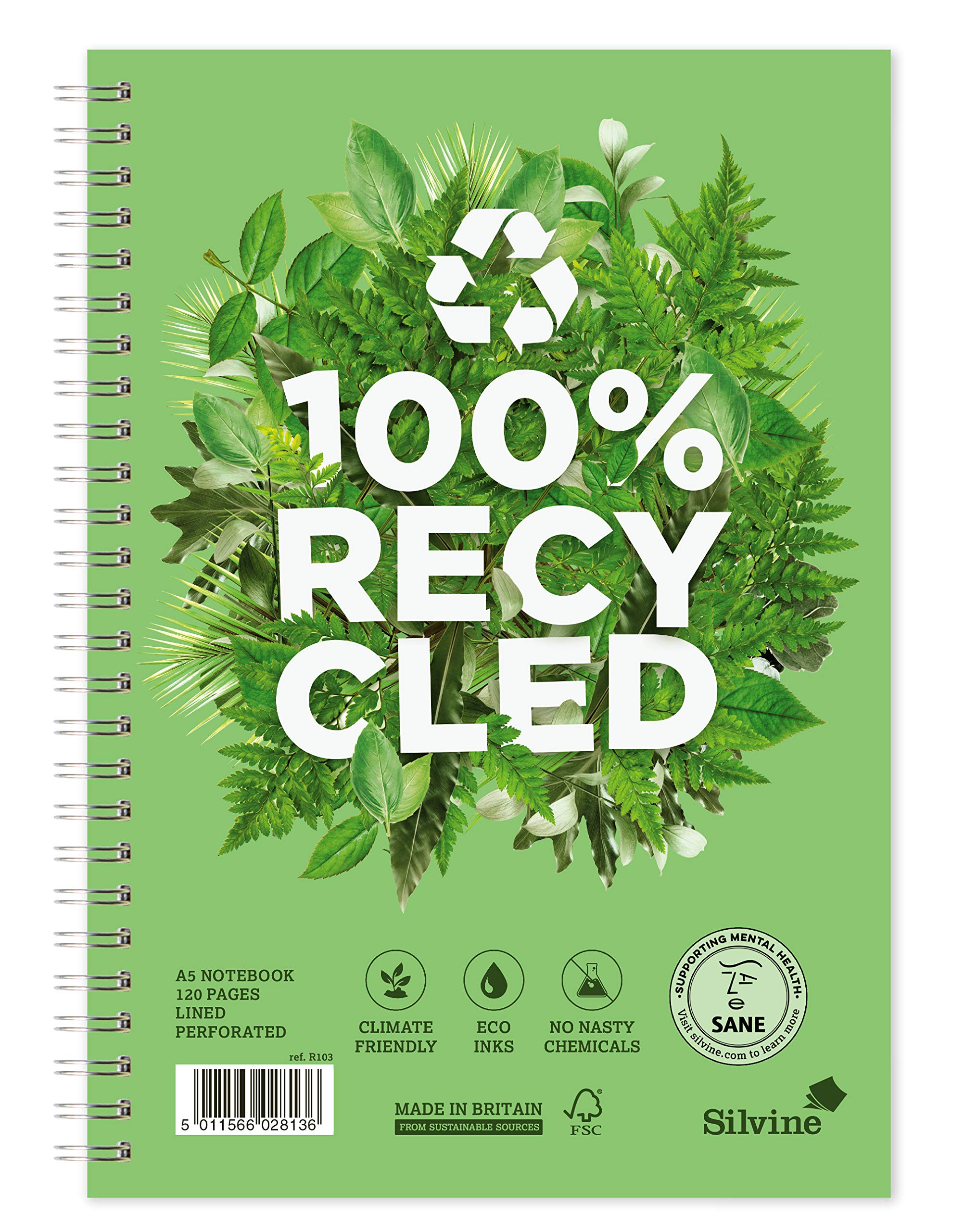 Silvine A5+ Premium Recycled Twin Wire Notebook - 120 Lined Pages of 100% Recycled Paper. Ref R103 (212 x 148mm)