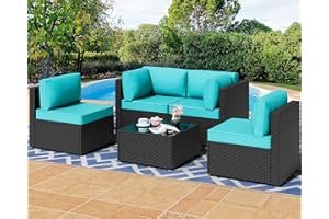 Shintenchi 5 Pieces Outdoor Patio Sectional Sofa Couch, Black PE Wicker Furniture Sets, Patio Conversation Sets with Washable Cushions Glass Coffee Table for Garden, Poolside, Backyard,Blue