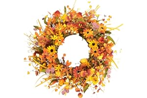 JINGHONG 22" Fall Wreaths for Front Door Artificial Fall Wreath Floral Autumn Wreath with Colorful Daisies Orange Foliage for Indoor Outside Door Harvest Festival Thanksgiving Day Celebration