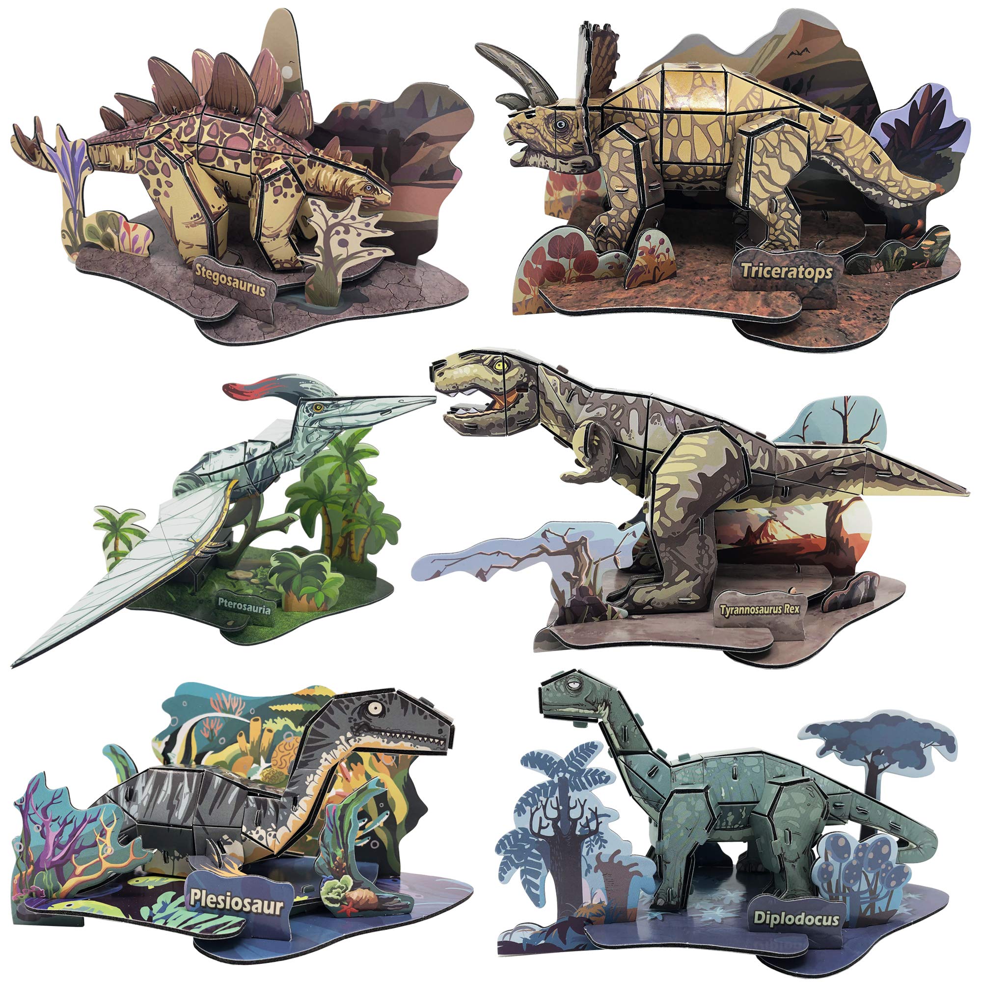 Edu-Sci Set of Six 3D Dinosaur Puzzles - T Rex, Diplodocus, Plesiosaur, Stegosaurus, Pterosaur, Triceratops