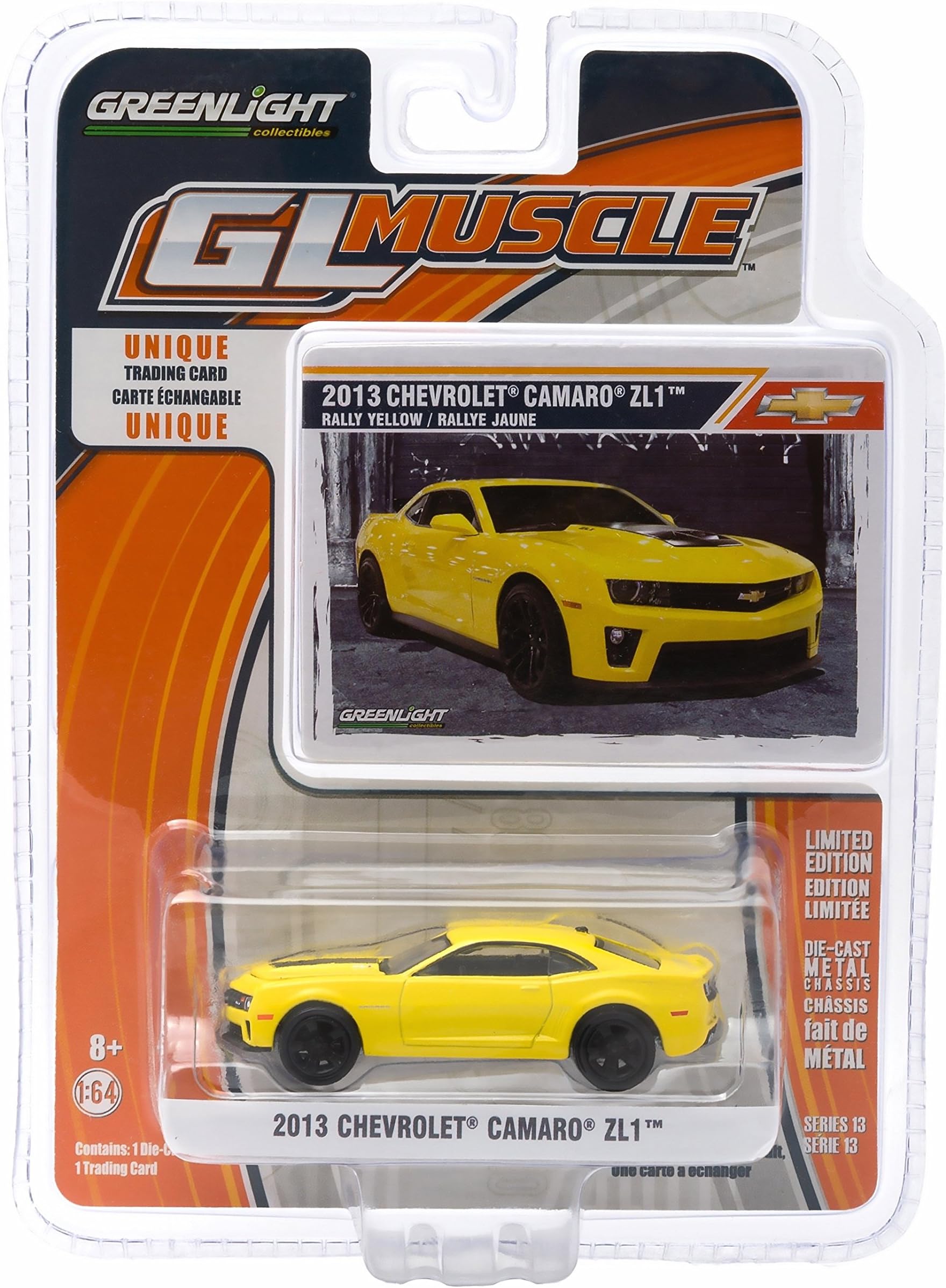2013 CHEVROLET CAMARO ZL1 (Rally Yellow) * GL Muscle Series 13 * 2015 Greenlight Collectibles Limited Edition 1:64 Scale Die-Cast Vehicle & Collector Trading Card