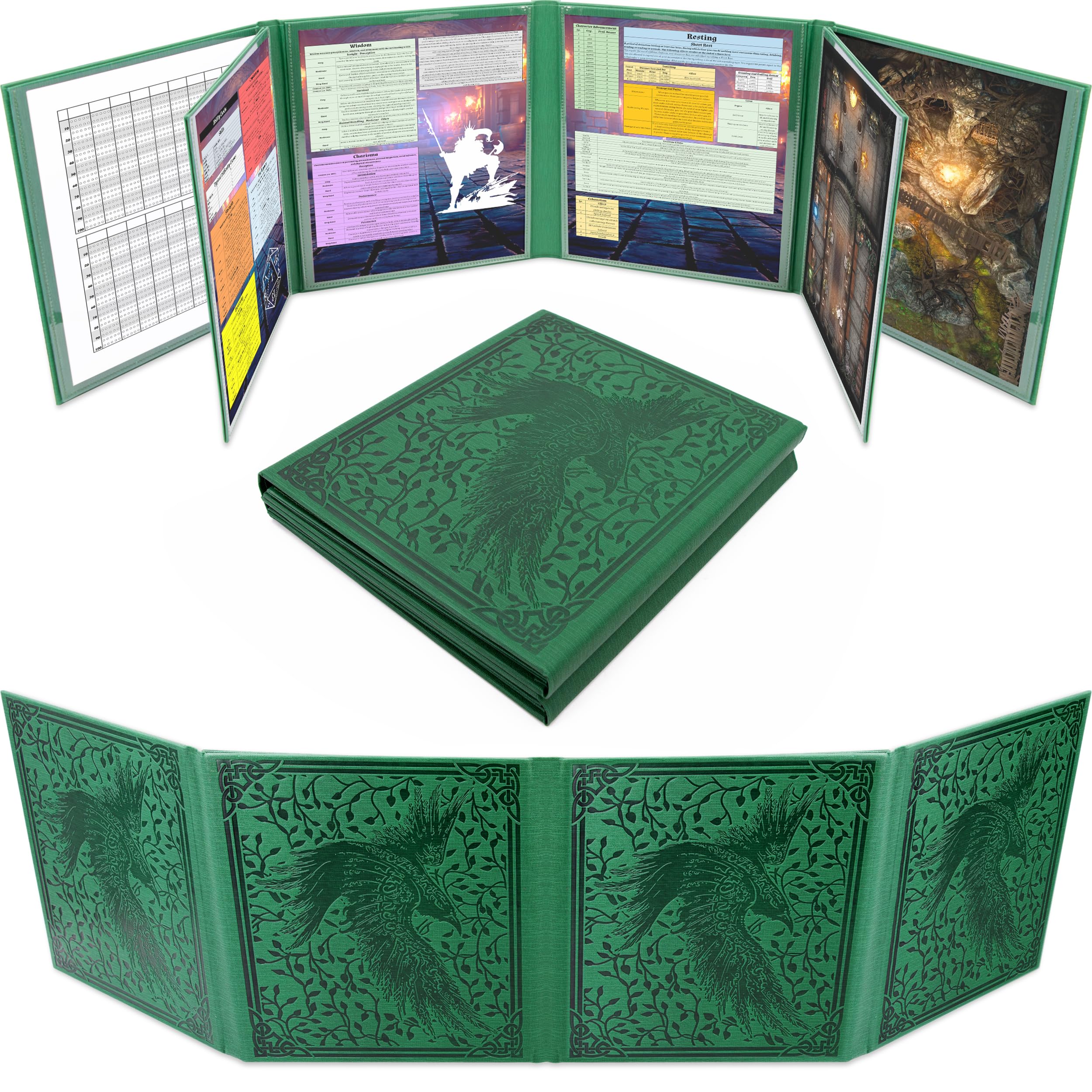 CASEMATIX 8-Panel Deluxe Dungeon Master Screen for DND & TTRPGs – Faux Leather Folding DM Screen with 2 Swinging Panels, Wet-Erase Pockets & Compact Tabletop RPG Design – Green