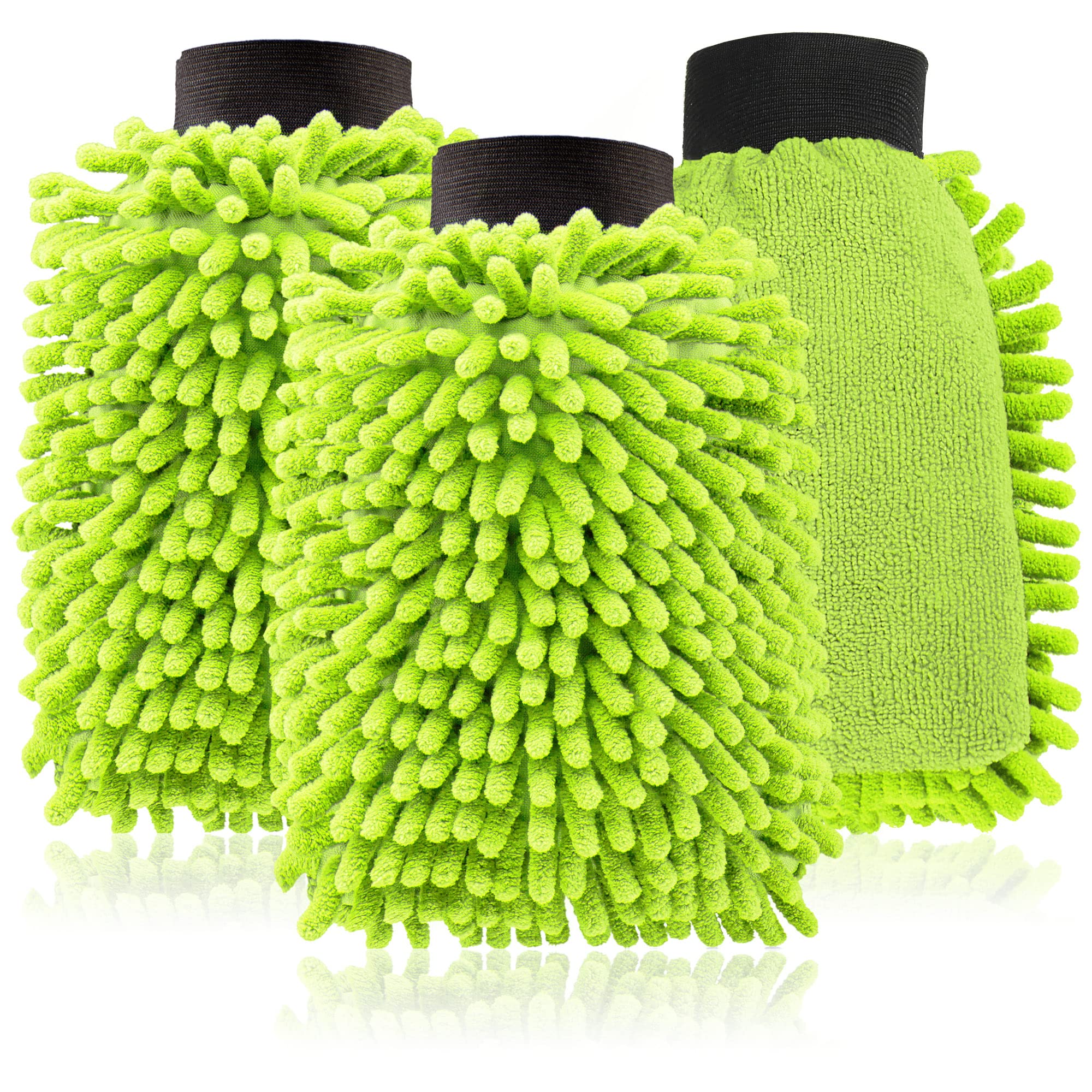 com-four® 3x washing glove for cars and household - microfibre glove - chenille glove - cleaning glove for car care, car washing and window cleaning (3-piece - neon green)