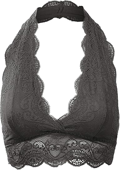Lace Halter Bralette for Women, Wireless Bra Lingerie with Removable Padded Halter Crop Top Ash 