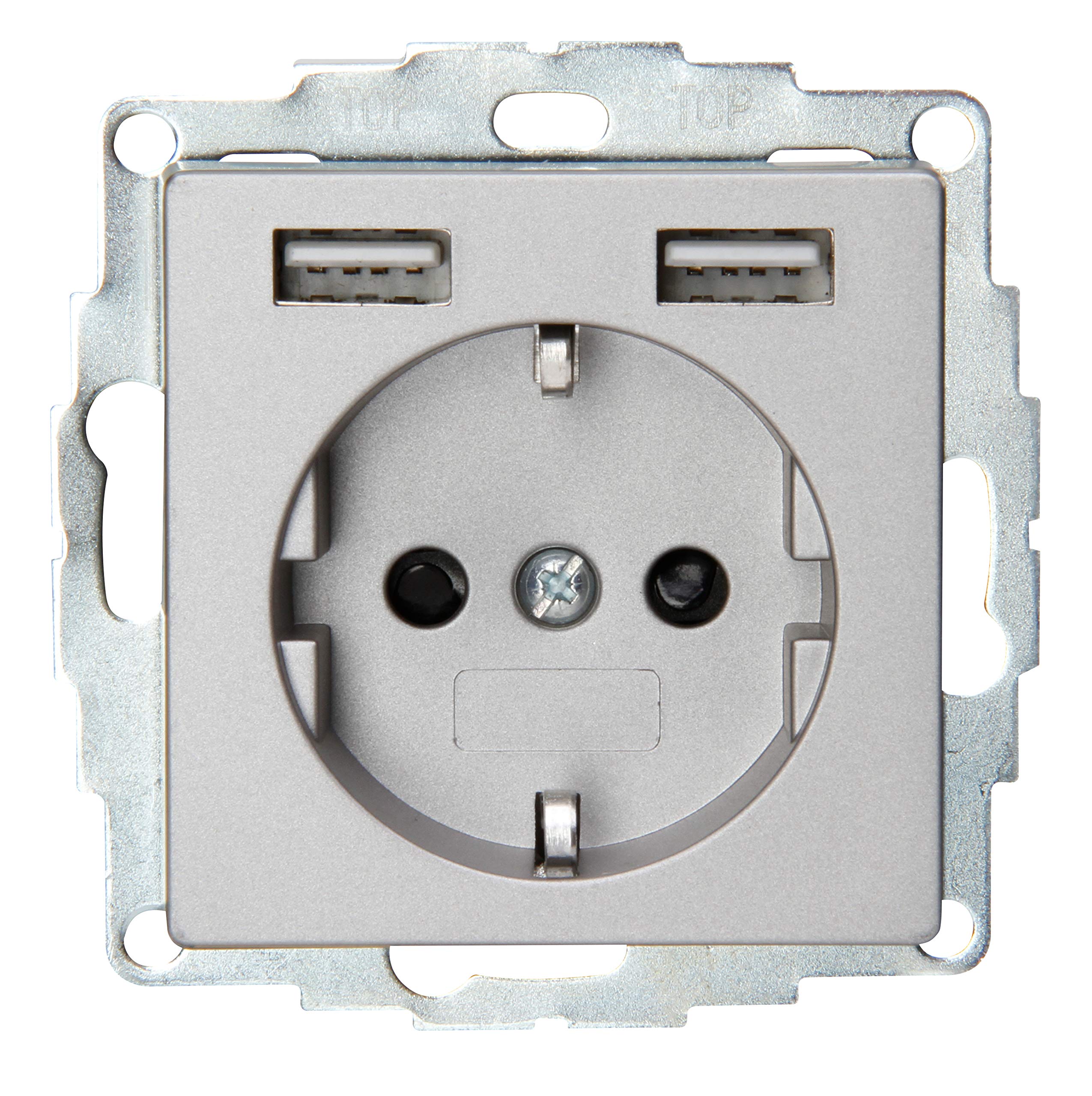 Kopp Athenis 296247185 Flush-Mounted Protective Contact Socket with 2 USB Charging Sockets, Steel-Coloured