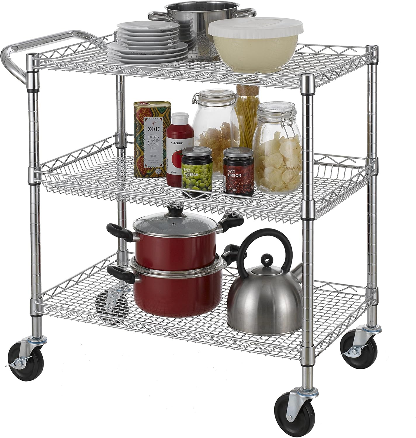 Finnhomy 3 Tier Heavy Duty Commercial Grade Utility Cart, Wire Rolling Cart with Handle Bar, Steel Service Cart with Wheels, Utility Shelf Plant Display Shelf Food Storage Trolley, NSF Listed: Kitchen & Dining